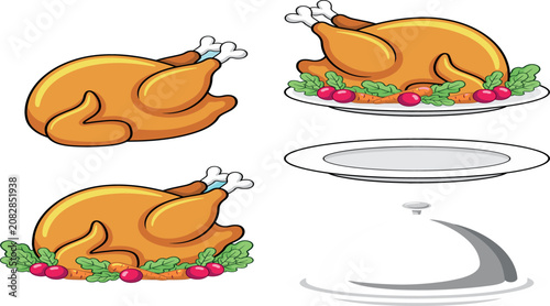 Roasted Thanksgiving Turkey Vector Set with Garnish Platter, Empty Dinner Plate, and Cloche for Holiday Feast, Christmas, and Restaurant Menu Designs