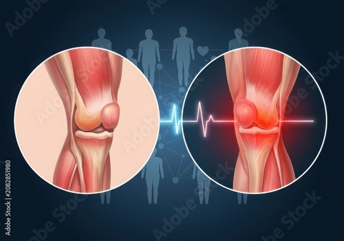 Illustration of healthy versus inflamed knee joint with pain indicator