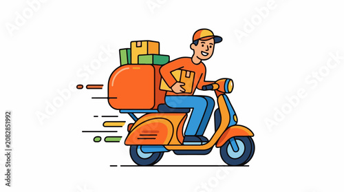 Delivery person on scooter carrying packages with speed lines