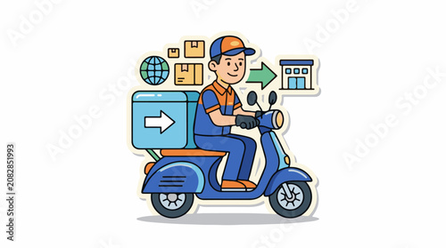 Delivery person on scooter carrying packages to a building