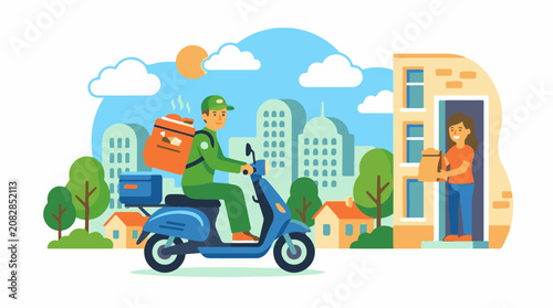 Delivery person on scooter hands package to woman at door