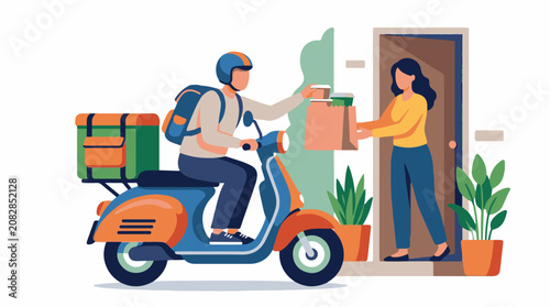 Delivery person on scooter hands packages to woman at door