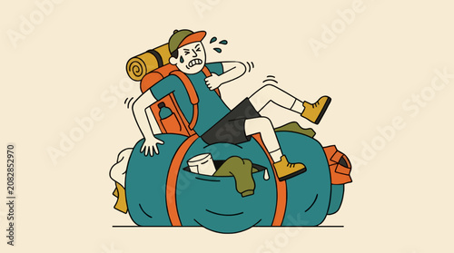Cuadro en lienzo Flat Vector Illustration of a Struggling Backpacker Sitting on an Overstuffed Du