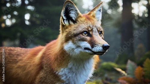 Wild red fox standing in a lush green woodland
