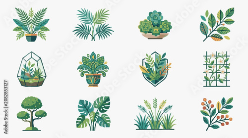 Dynamic Vibrant Collection of 12 Illustrative Indoor and Outdoor Plants in Green Blue and Earthy Tones