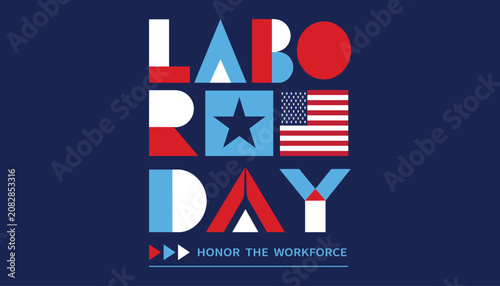 Quadro su tela Labor Day Typography Poster with American Flag Elements and Patriotic Workforce