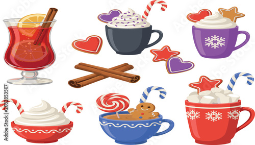 Cozy Christmas Hot Drinks Vector Set with Mulled Wine, Cocoa Mugs, Gingerbread Men, and Candy Canes for Winter Holiday Food and Beverage Designs