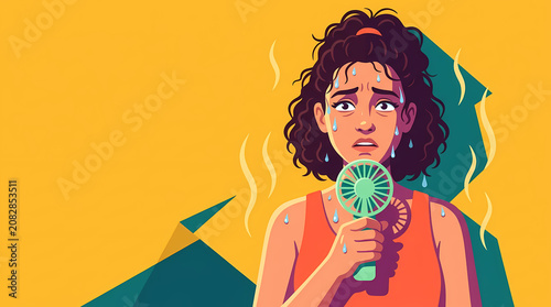 Illustration of a sweaty woman suffering from extreme heat holding a portable hand fan during a summer heatwave