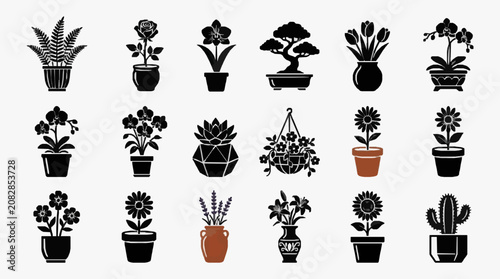 Elegant Black and White Botanical Set of Various Indoor Plants in Stylish Pots and Planters with high quality professional line art symbols for modern creative design and digital branding projects