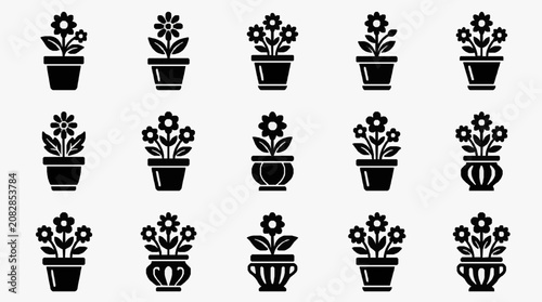 Elegant Black and White Floral Potted Plant Icons Set for Modern Design and Digital Use with high quality professional line art symbols for modern creative design and digital branding projects
