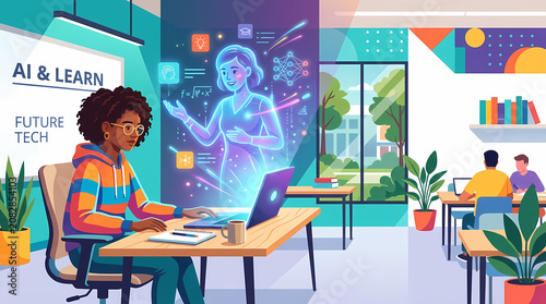 Female student learning with an AI hologram assistant from her laptop in a modern classroom