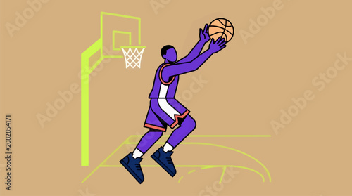 Foto Flat Vector Illustration of a Purple Basketball Player Catching a Rebound Near a