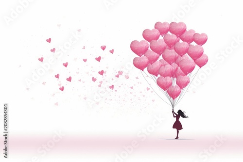 Silhouette girl holding a bunch of pink heart balloons, symbolizing love and dreams