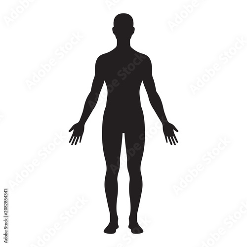 Minimalist black silhouette of human figure with arms outstretched against white background