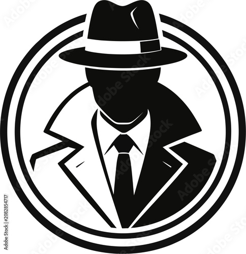 Black and White Classic Detective Spy Silhouette with Fedora Hat and Suit in Double Circle Badge Logo Vector Illustration