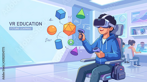 Young student experiencing immersive virtual reality education with interactive 3D geometric shapes in a futuristic learning environment, blending technology and discovery