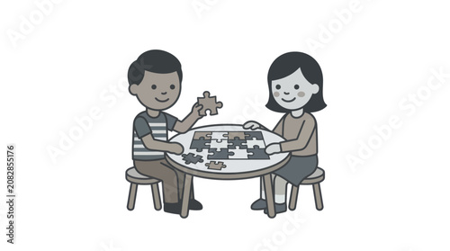 Quadro em tela Two children eating at table.