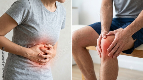 Two-image collage showing a woman clutching her stomach from abdominal pain and a man holding his injured knee with both hands, featuring a subtle red glow indicating localized pain areas. Generative 