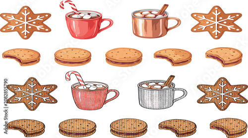 Festive Christmas Cookie and Hot Cocoa Vector Set with Gingerbread Stars, Sandwich Biscuits, Marshmallows, and Candy Canes for Winter Holiday Bakery Designs