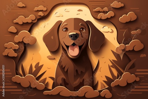 Cheerful brown dog expressing happiness in a creative paper cut layered design