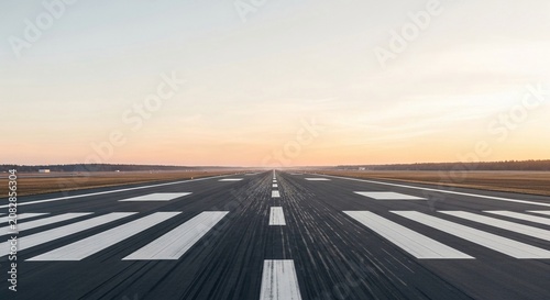 An empty airport runway stretches towards the horizon at dawn, with white markings guiding the way.