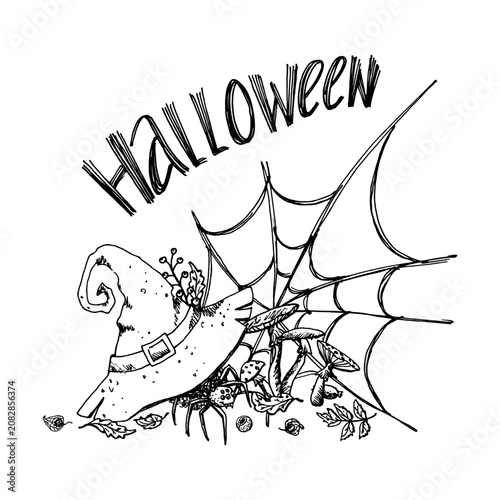 A monochrome, graphic Halloween illustration in a childlike style. It features black and white lettering, a witch's hat, a spider and mushrooms drawn with childlike doodles. Perfect for greeting cards