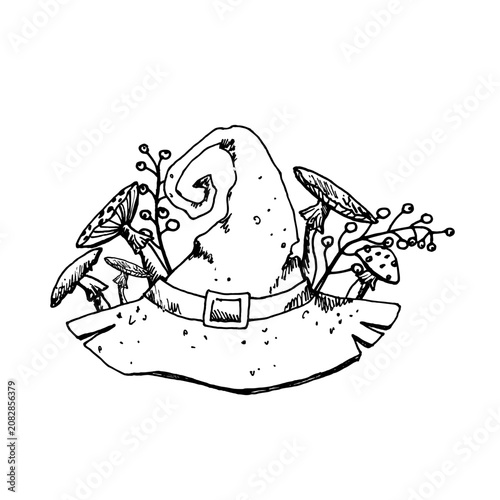 A monochrome, childlike style Halloween illustration. A black and white hand drawn image of a witch's hat and poisonous mushrooms, featuring a child's doodle aesthetic for posters and party invitation