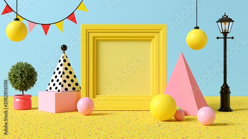Yellow empty frame centered on textured surface with party decorations and geometric shapes against a bright blue background