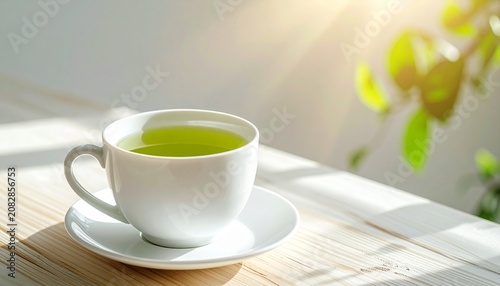 Minimal Green Tea Cup with Natural Sunlight and Wooden Table