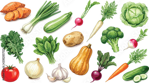 Foto Fresh Watercolor Style Vegetables Vector Illustration Set Featuring Tomato Carro