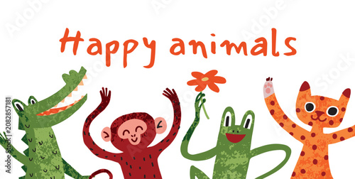 Photography Happy Animals poster with Crocodile, Monkey, Frog and Cat, flower and lettering
