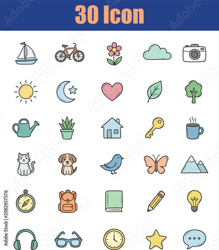 Collection Of Thirty Line Icons On A White Background