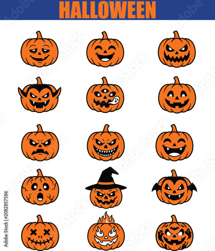 Halloween Jack o lantern And Monster Face Vector Illustrations On White Background
