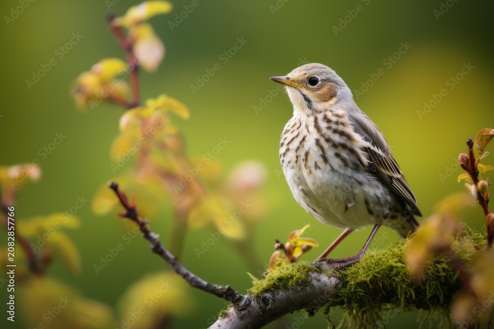 Fototapeta premium Meadow pipit standing on a moss covered branch looking into a natural green background