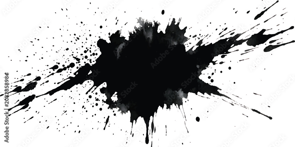 Obraz premium A black ink splat and blot background featuring a grunge paint splatter texture with spray brush drips and artistic graffiti stains for a dirty vector design illustration element