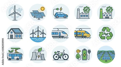 Creative Set of 15 Colorful Icons Featuring Sustainable Energy Eco Friendly Transport and Green Technology Solutions