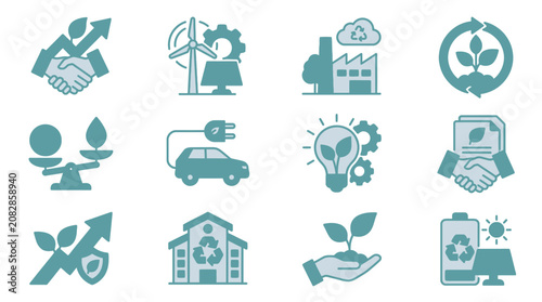 Clean Minimalist Icons Set Featuring Sustainable Energy Eco Friendly Practices and Green Living Concepts in Teal and White
