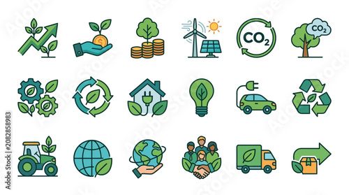 Modern Colorful Icons Set Featuring Sustainable Living Green Energy Recycling Eco Friendly Business and Global Cooperation