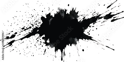 Photos A black ink splat and blot background featuring a grunge paint splatter texture