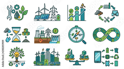 Clean Energy Solutions and Sustainable Development Icons Set with Renewable Resources Recycling and Smart Technology