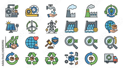 Modern Colorful Icons Set Featuring Sustainable Development Energy Industry Recycling and Global Cooperation Concepts