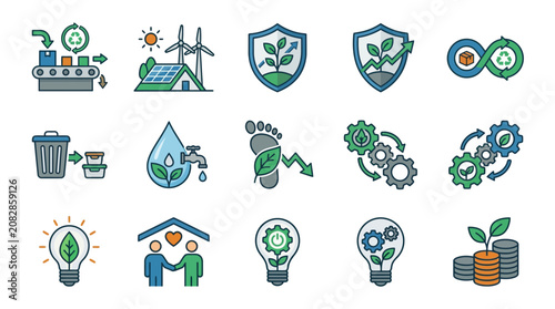 Elegant Colorful Icons Set Illustrating Sustainable Living Eco Friendly Practices and Green Technology Concepts