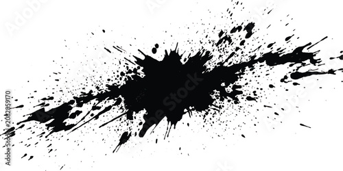 A black ink splat background featuring grunge liquid splashes and paint splatter textures as a dirty spray art element for vector design