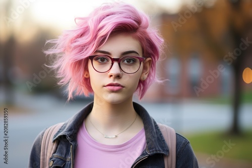 Young woman with dyed pink hair and glasses looking directly at camera outdoors