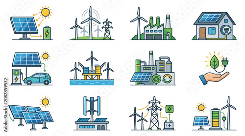Clean Energy Solutions Colorful Illustrations of Solar Panels Wind Turbines and Eco Friendly Power Systems