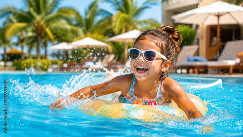 Child in swimming pool having fun on vacation