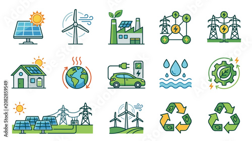 Professional Colorful Infographic Icons Showcasing Renewable Energy Sustainability and Eco Friendly Concepts