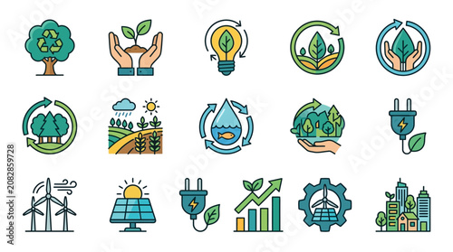 Minimalist Colorful Icons Set Featuring Sustainable Living Renewable Energy and Eco Friendly Concepts