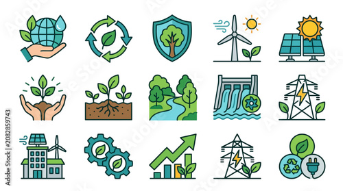 Sleek Colorful Illustrated Icons Set Featuring Eco Friendly Concepts Renewable Energy and Sustainable Living