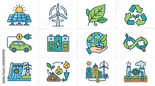 Minimalist Colorful Icons Set Featuring Solar Panels Wind Turbines Recycling Electric Vehicles Batteries Eco Hands Biomass Smart Cities Hydroelectric Power